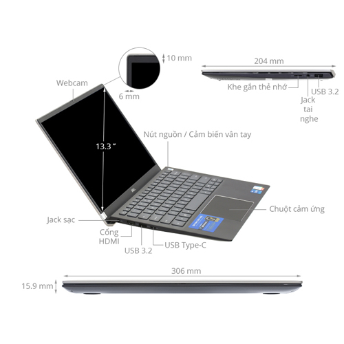Laptop Dell Vostro 5301 I7 - 1165G7/13.3"FHD/8G/ 512Gb SSD NVMe/ VGA 2G DDR5 MX350/3 Cell/Win 10/Gray - V3I7129W-Gray1